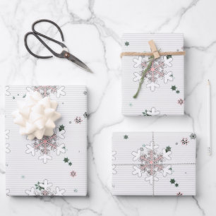 Pink White Snowflakes Stripes  Wrapping Paper Sheet