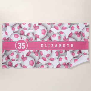 Pink white soccer balls pattern custom girls name  beach towel