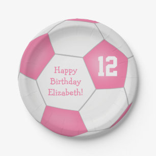 pink white soccer themed birthday party paper plate