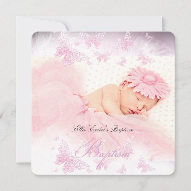 Pink White Sparkle Butterfly Baptism Christening Invitation (Front)