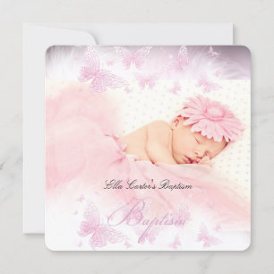 Pink White Sparkle Butterfly Baptism Christening Invitation