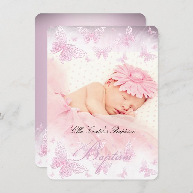 Pink White Sparkle Butterfly Baptism Christening Invitation (Front/Back)
