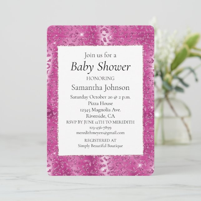 Pink White Sparkle Leopard Baby Shower Invitation (Standing Front)