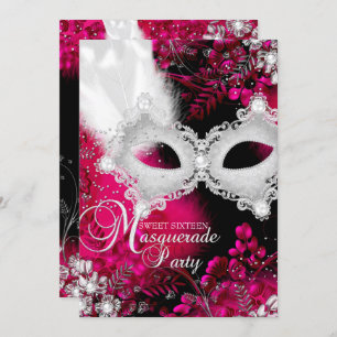 Pink & White sparkle Mask Masquerade Sweet 16 Invitation