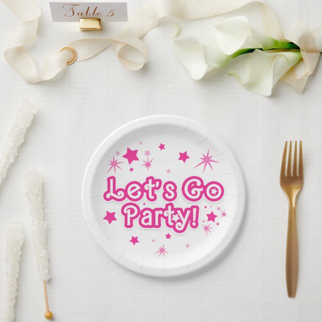 Pink & White Sparkle Stars Let's Go Party Birthday Paper Plate (Wedding)