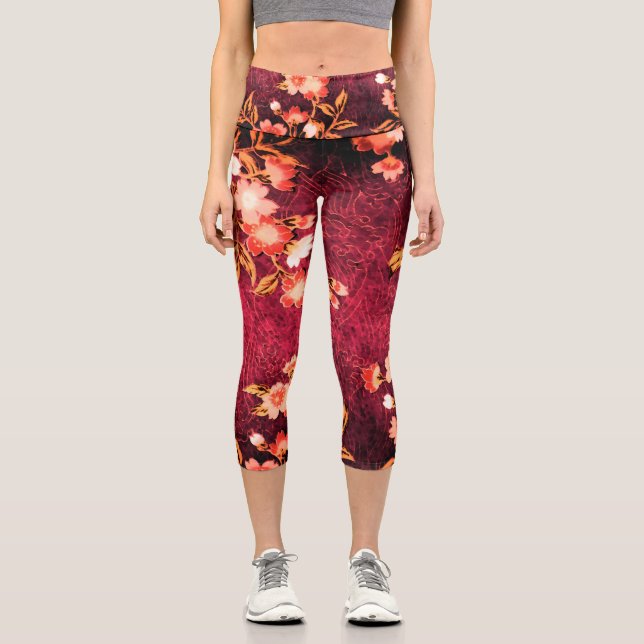 PINK WHITE SPRING FLOWERS ,ANTIQUE RED FLORAL CAPRI LEGGINGS (Front)