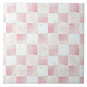 Pink White Squares Ceramic Tile