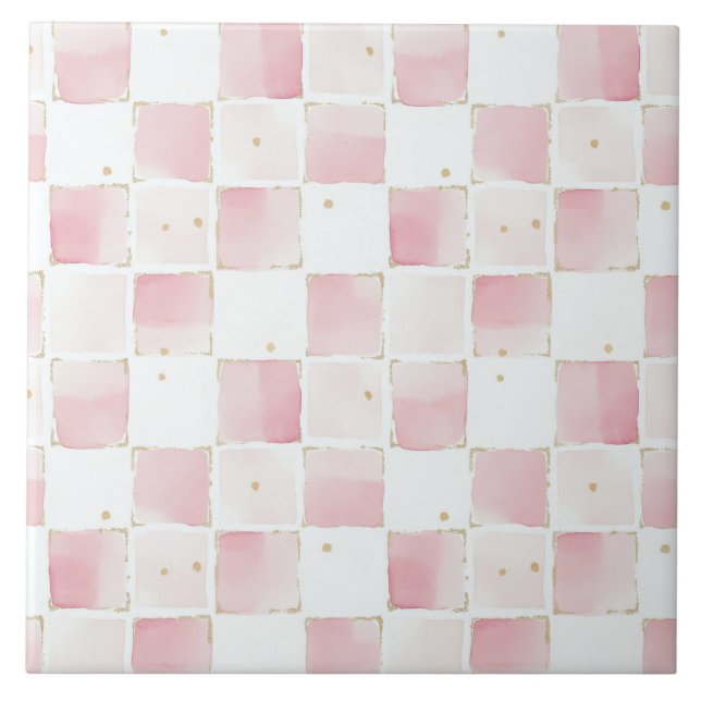 Pink White Squares Ceramic Tile (Front)