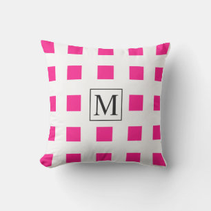 Pink White Squares Geometric Patterns Monogram Cushion