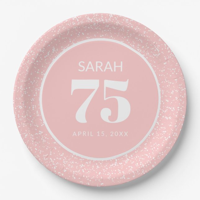 Pink White Stardust Glitter 75th Birthday Party Paper Plate (Front)