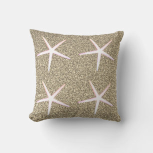 Pink White Starfish Patterns Gold Glitter Cushion