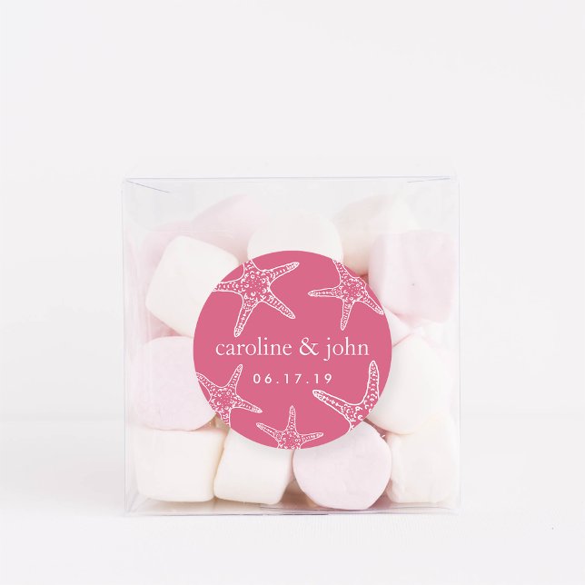 Pink & White Starfish Personalised Wedding Classic Round Sticker (Creator Uploaded)