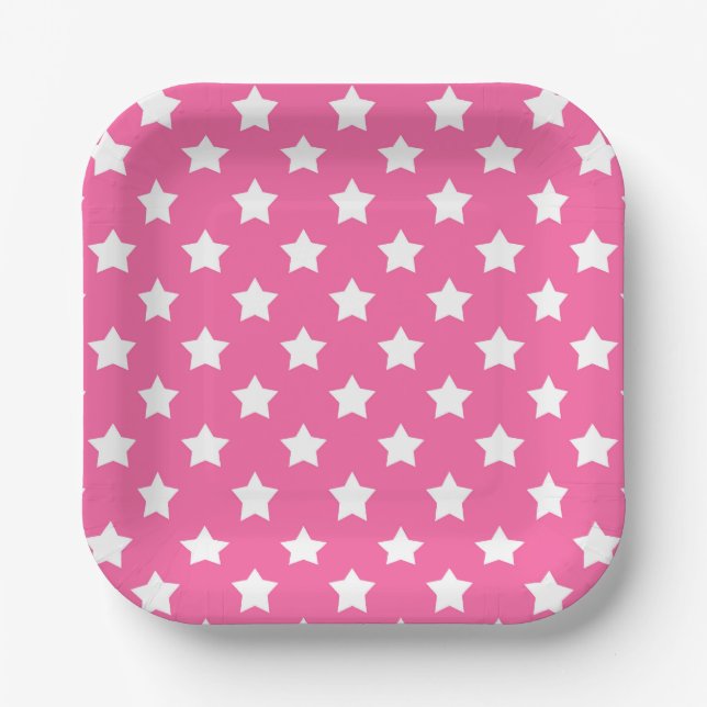 Pink White Stars Pattern Decorative Paper Plate (Front)