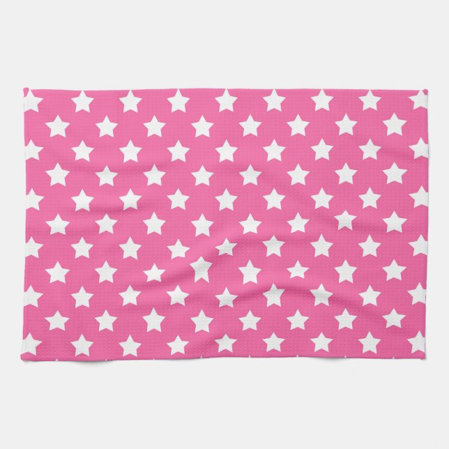 Pink White Stars Pattern Decorative Tea Towel (Horizontal)