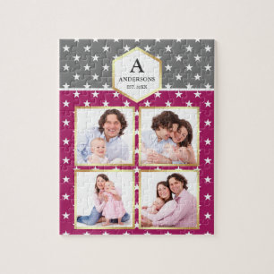 Pink White Stars Pattern Family Photo Collage Jigsaw Puzzle