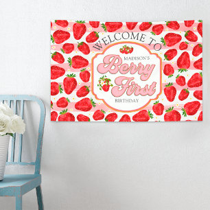 Pink White Strawberry Welcome Birthday Banner