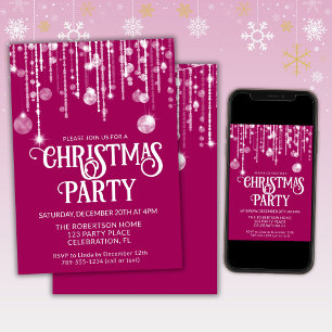 Pink White String Lights Christmas Holiday Party Invitation