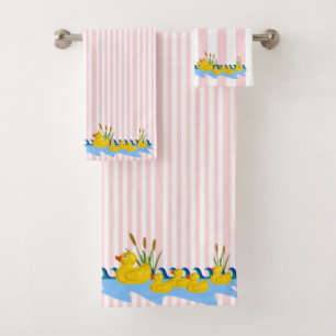 Pink & White Stripe Bathroom Towel Sets Ducks