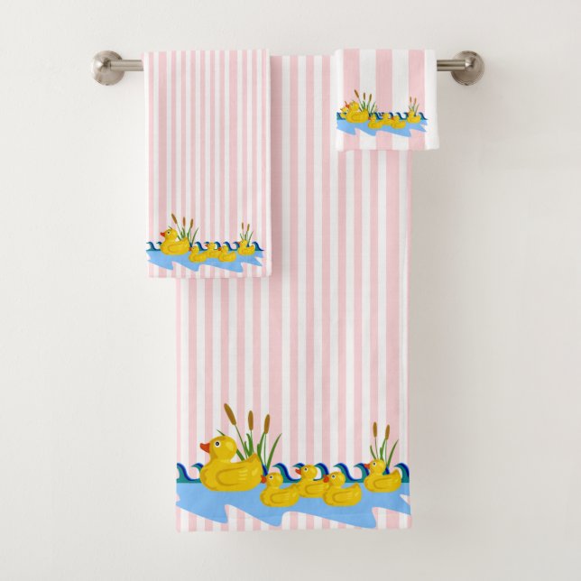 Pink & White Stripe Bathroom Towel Sets Ducks (Insitu)