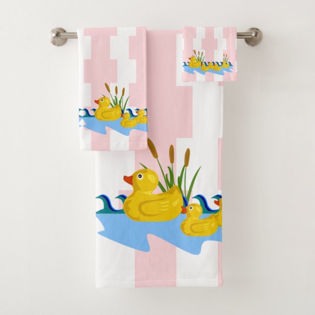 Pink & White Stripe Bathroom Towel Sets Ducks (Insitu)