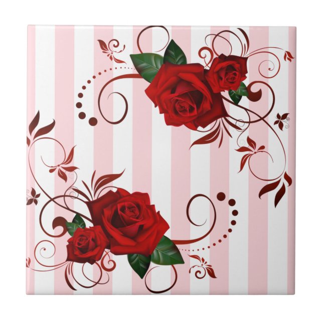 Pink & White Stripe Ceramic Tile Floral Red Rose (Front)