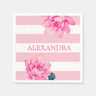 Pink White Stripe Floral Chic Silver Napkin