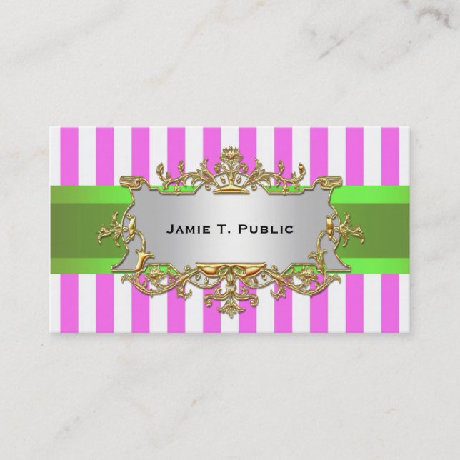 Pink White Stripe, Lime Ribbon, Gold Framed Label Business Card (Front)
