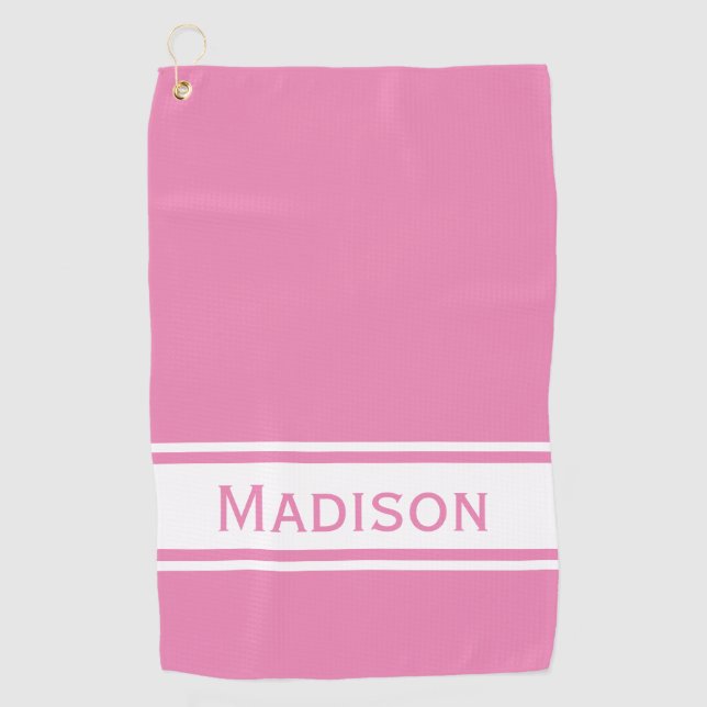 Pink White Stripe Modern Name Monogram Golf Towel (Front)