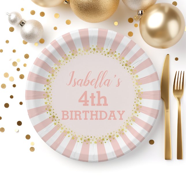 Pink White Striped Gold Glitter Confetti Birthday Paper Plate (Creator Uploaded)