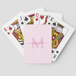 Pink & White Striped Monogram Name Playing Cards