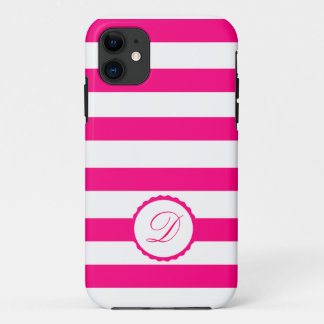 Pink White striped personalized Monogram iPhone 11 Case