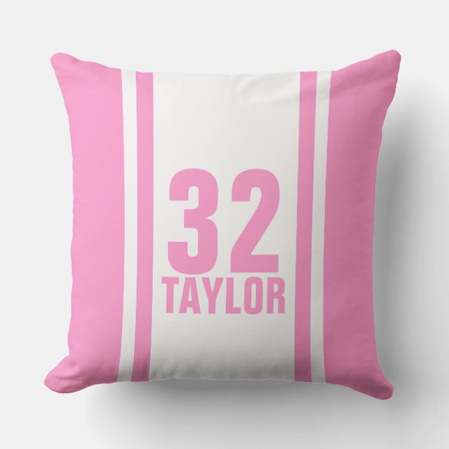 Pink & White Striped Sports Jersey Throw Pillow (Front)