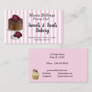 Pink White Stripes and Gourmet Cake Pastry Chef Business Card