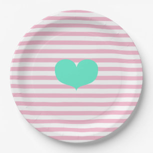 Pink & white stripes and teal heart - Paper Plates