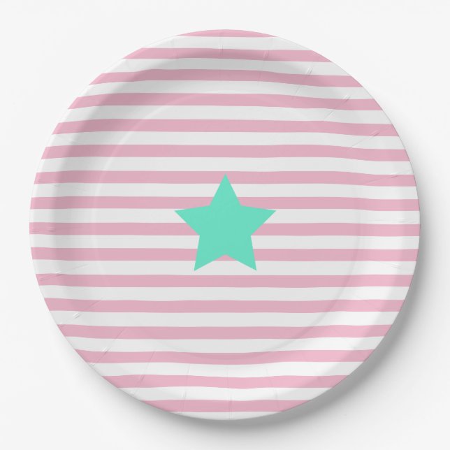 Pink & white stripes and teal star - Paper Plates (Front)