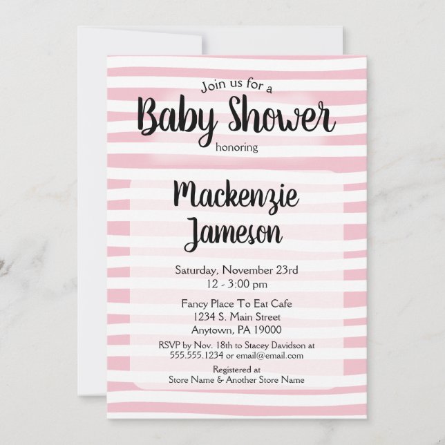 Pink White Stripes Baby Shower Invitation Girl (Front)