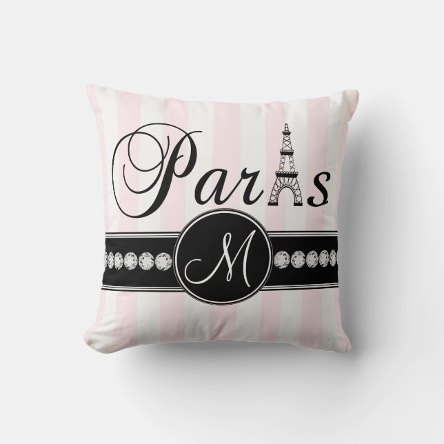 Pink White Stripes Black Parisian Monogram Pillow (Front)