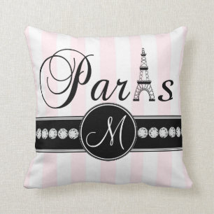 Pink White Stripes Black Parisian Monogram Pillow