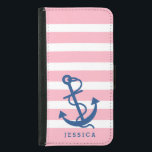 Pink & White Stripes Blue Nautical Boat Anchor Samsung Galaxy S5 Wallet Case<br><div class="desc">White and light pink stripes pattern with navy blue nautical boat anchor illustration. Customisable monogram. Adjustable anchor size.</div>