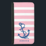 Pink & White Stripes Blue Nautical Boat Anchor Samsung Galaxy S5 Wallet Case<br><div class="desc">White and light pink stripes pattern with navy blue nautical boat anchor illustration. Customisable monogram. Adjustable anchor size.</div>