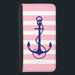 Pink & White Stripes Blue Nautical Boat Anchor Samsung Galaxy S5 Wallet Case<br><div class="desc">White and light pink stripes pattern with navy blue nautical boat anchor simple illustration. Customisable monogram in suggested pink font colour. Adjustable anchor size.</div>