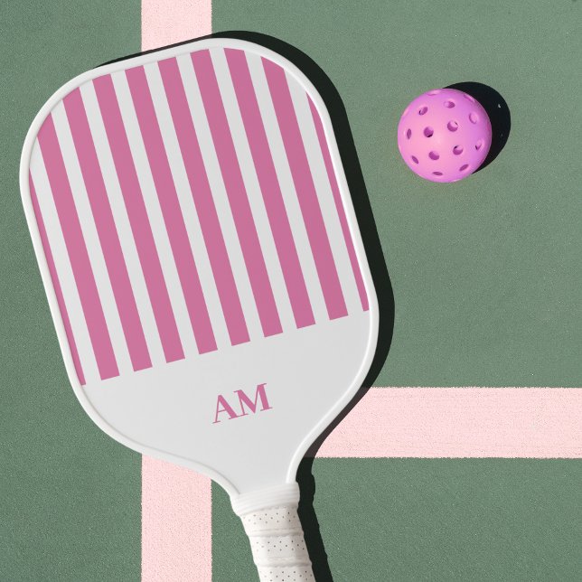 Pink & White Stripes Country Club Monogram Pickleball Paddle (Pink & White Stripes Pickleball Paddle Personalized Monogram)