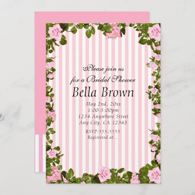Pink & White Stripes Elegant Rose Chic Invitations (Front/Back)
