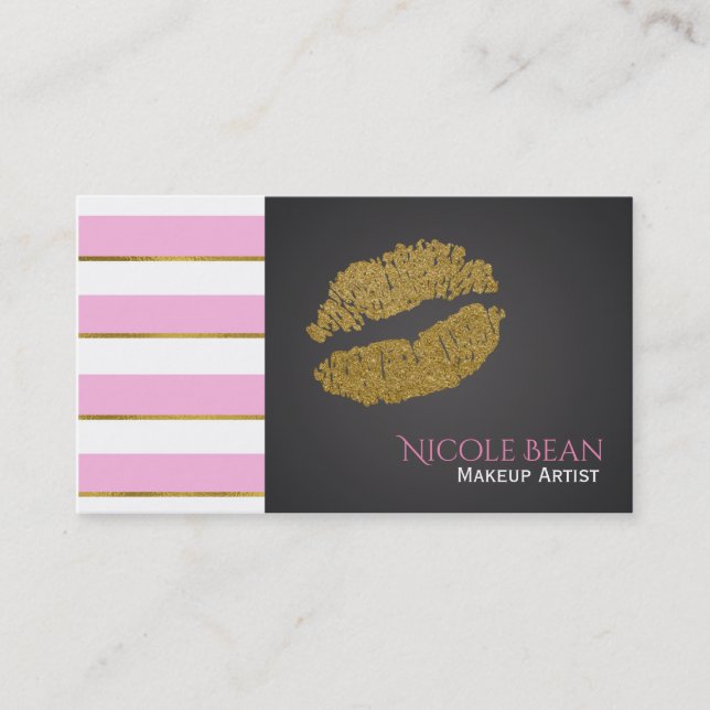 Pink White Stripes Faux Gold Shine Lips Chic Business Card (Front)