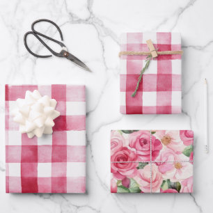 Pink White Stripes Floral Birthday Wrapping Paper Sheet