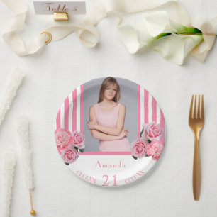 Pink white stripes florals photo 21st birthday paper plate