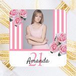Pink white stripes florals photo birthday square sticker<br><div class="desc">Elegant,  glamourous and feminine for a 21st birthday party. Classic and chic slim pastel pink and white vertical stripes.  Decorated with pink flowers,  roses. Templates for a name and the age 21. Template for your own vertical sized photo.  Girly and elegant!</div>
