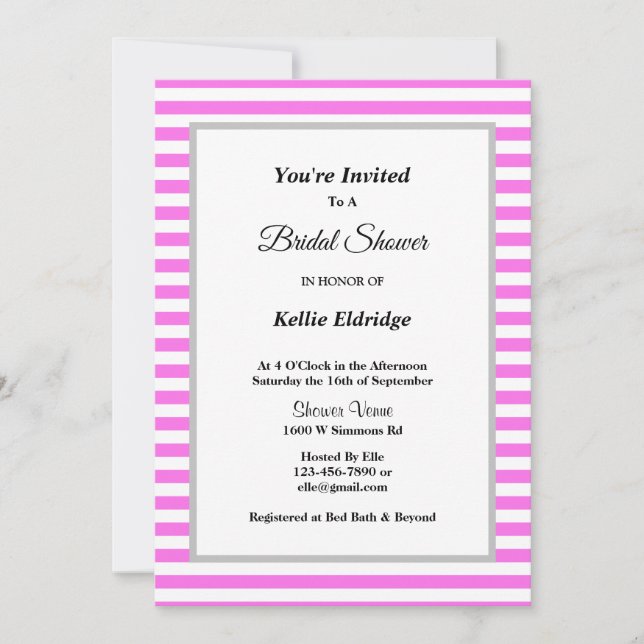 Pink/White Stripes Framed Bridal Shower Invitation (Front)