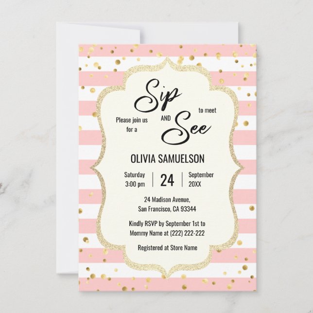 Pink White Stripes Gold Black BABY SIP and SEE Invitation (Front)