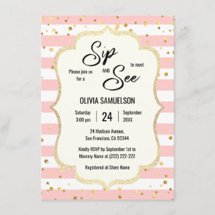 Pink White Stripes Gold Black BABY SIP and SEE Invitation